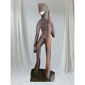 Vintage Tall‎ African Hand Carved Tribal Folk Art Old Man White Beard 16 in Tall